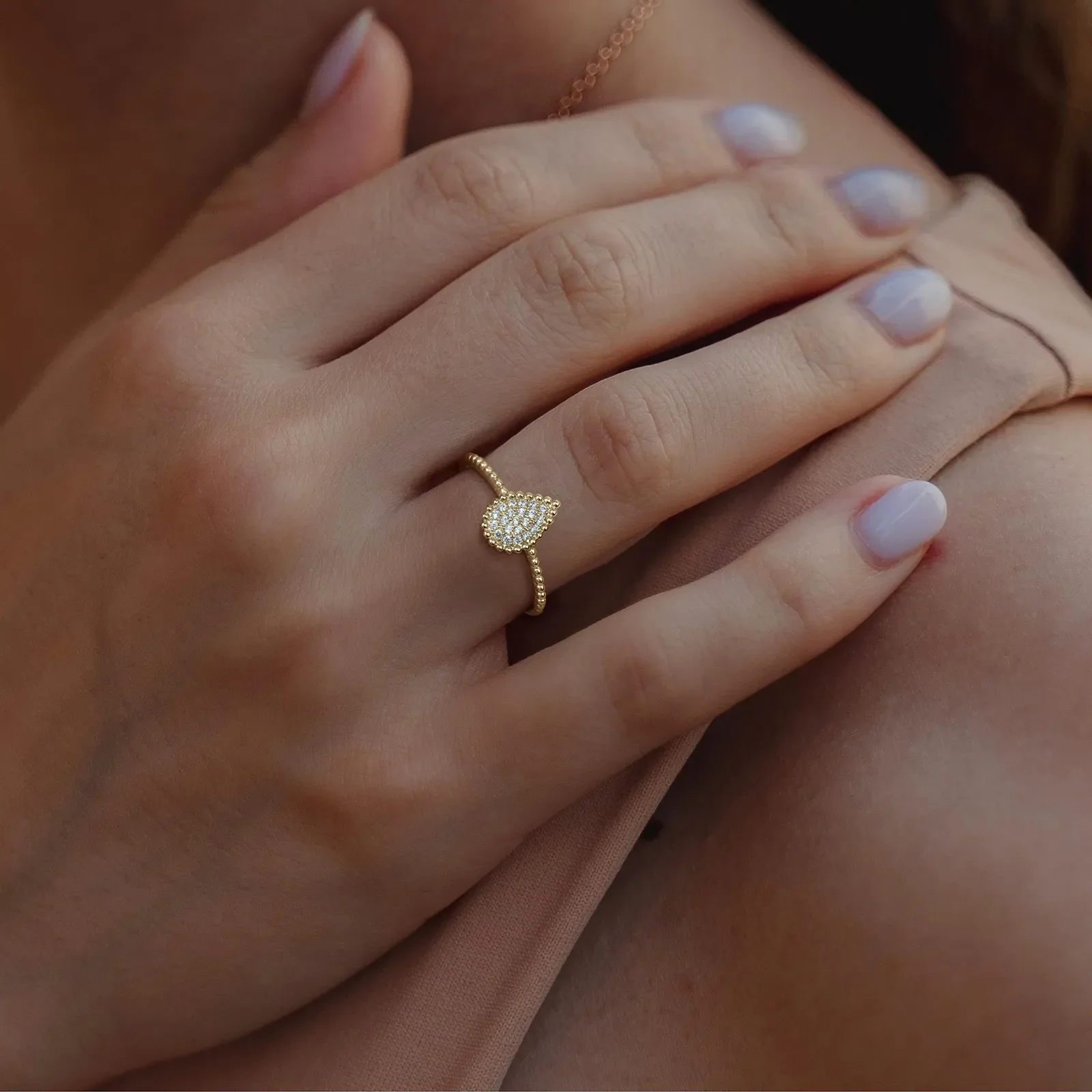 Lab Diamond Beaded Pear Shaped Ring in 14K Gold/Platinum