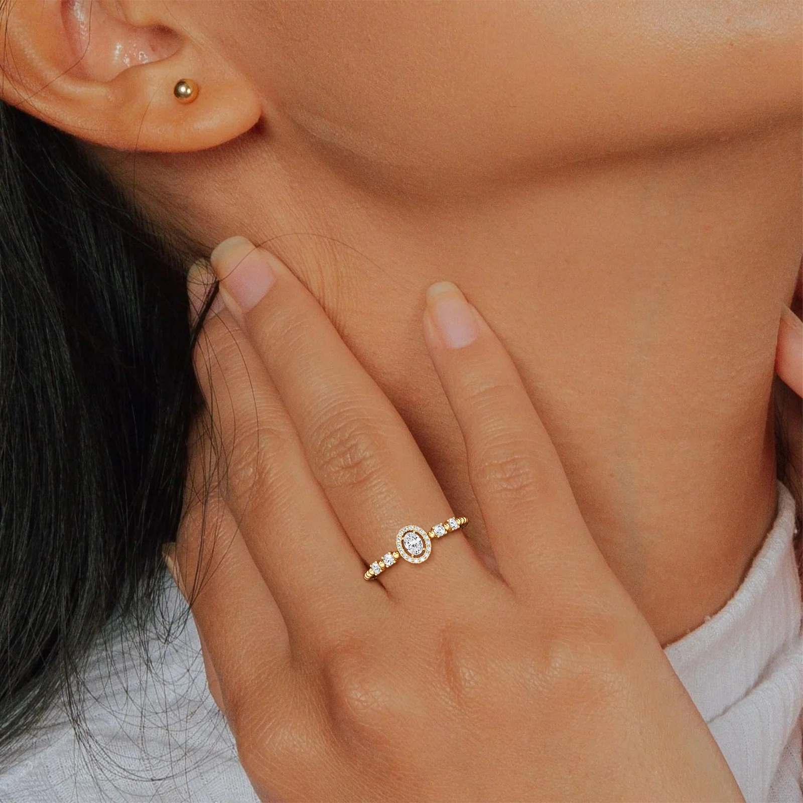 Beaded Oval Cut Lab Diamond Ring In 14K Solid Gold/Platinum