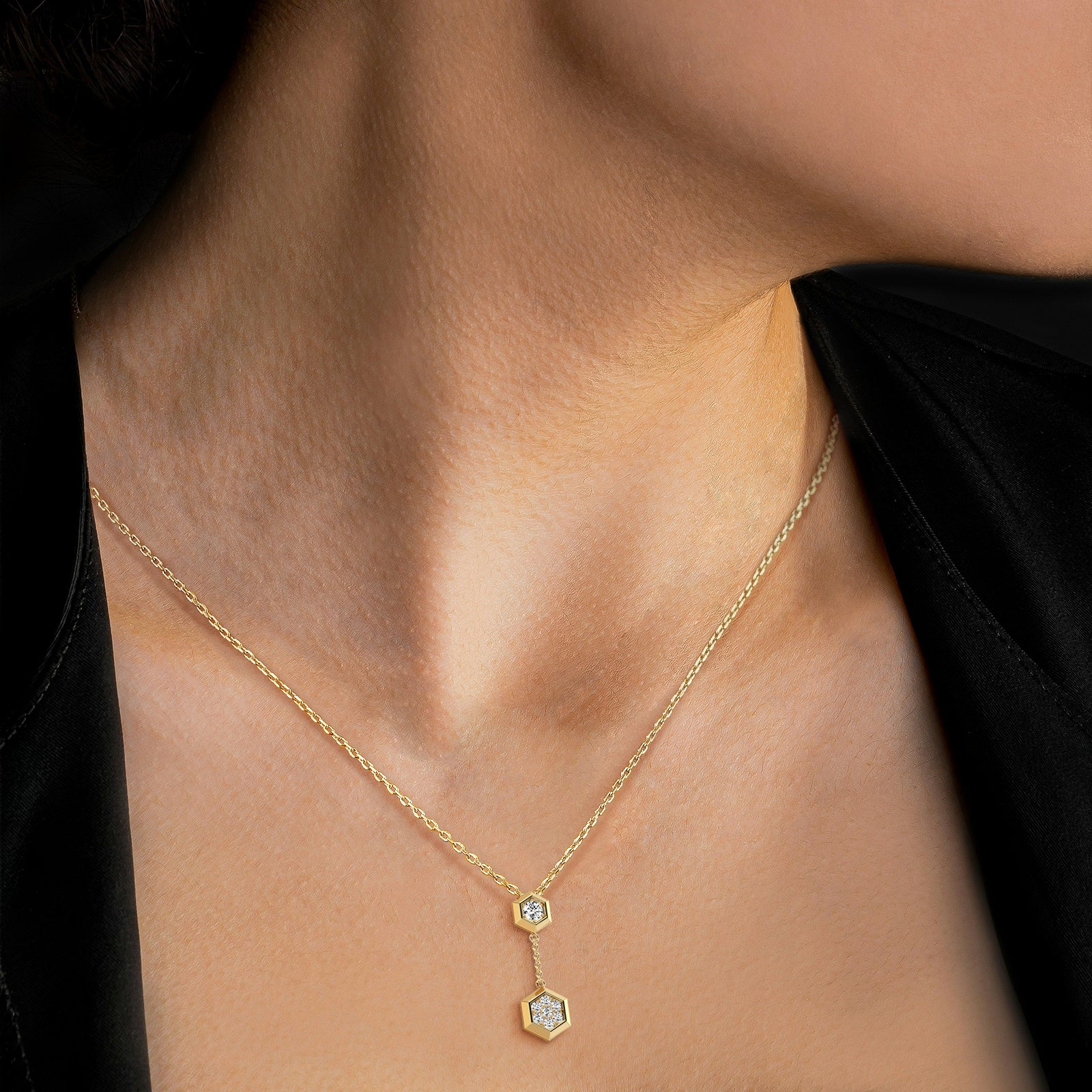 Lab Grown Diamond Double Hexagon Necklace in 14K Solid Gold/Platinum